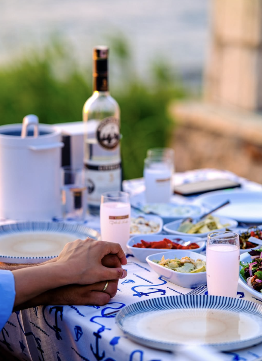 Çapa örtülü masada rakı ve mezeler